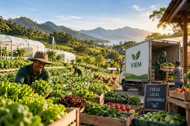 Farmer harvesting greens while crates of fresh produce are loaded into a VIEM delivery truck