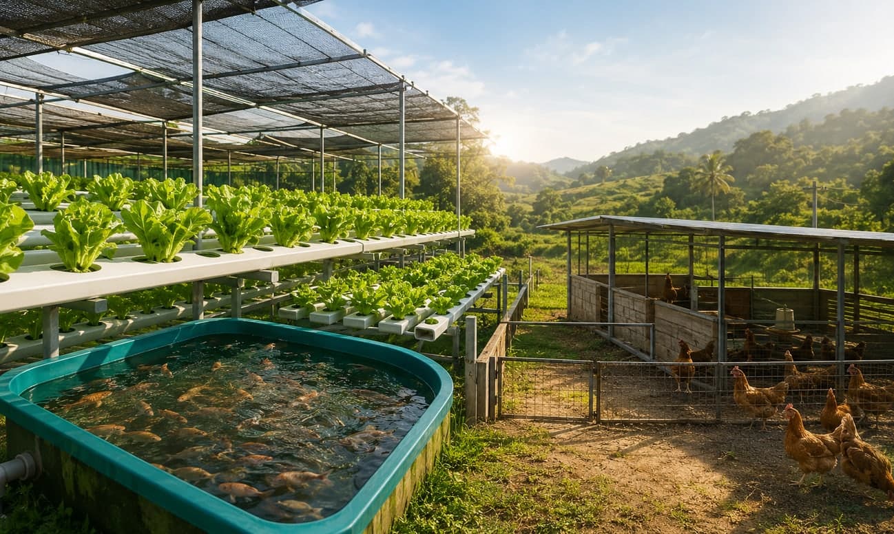 VIEM circular farm: NFT lettuce channels over a tilapia tank beside a free-range poultry run