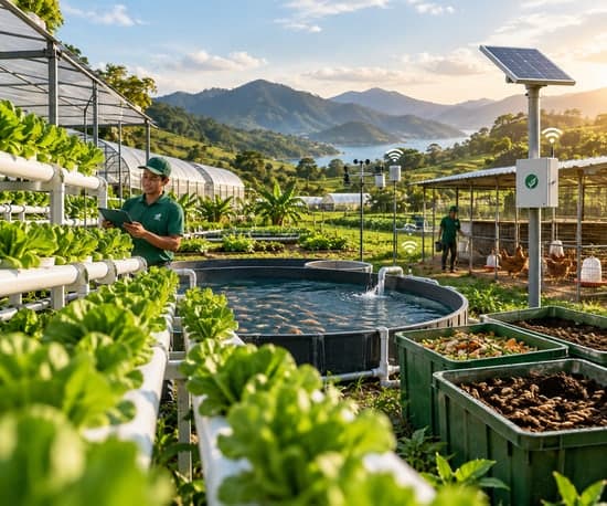 Operator checking sensor readings on a tablet beside an aquaponic tank and solar-powered monitoring pole