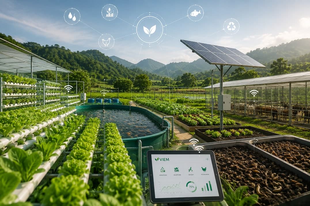 Connected VIEM farm with solar panel, sensor box, hydroponic racks and a tablet showing the VIEM dashboard