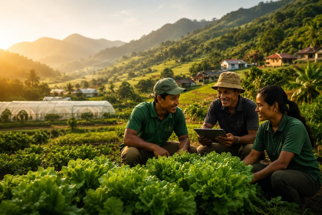VIEM team members kneeling among lettuce rows, reviewing data on a tablet at sunset